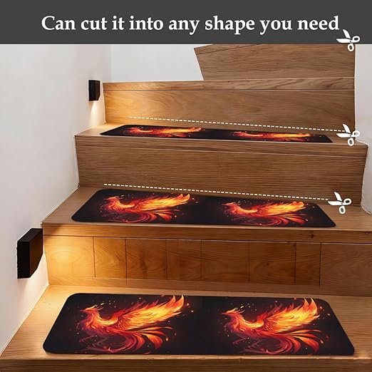 Animal Abstract Fire Stair Treads for Wooden Steps Indoor Washable Staircase Carpet 10PCS 30"x7.8" Stair Step Treads Non-Slip Staircase Covers Peel and Stick Safety Mat for Kids Elders Pets