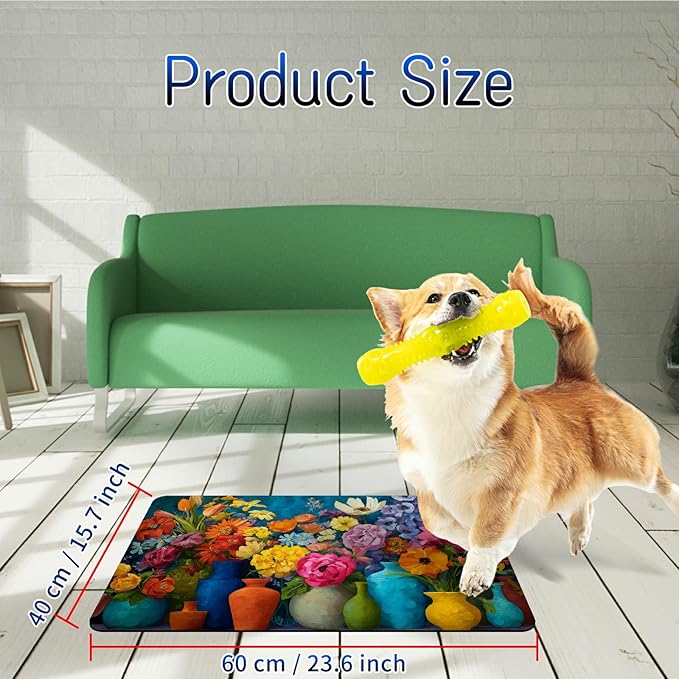 Dog Food Mat, 15.7" x 23.6" Absorbent Pet Feeding Mat for Food and Water, Waterproof Diatom Mud Pet Placemat with Non-Slip Rubber Backing, Cat Bowl Mat for Floors - Watercolor Flowers