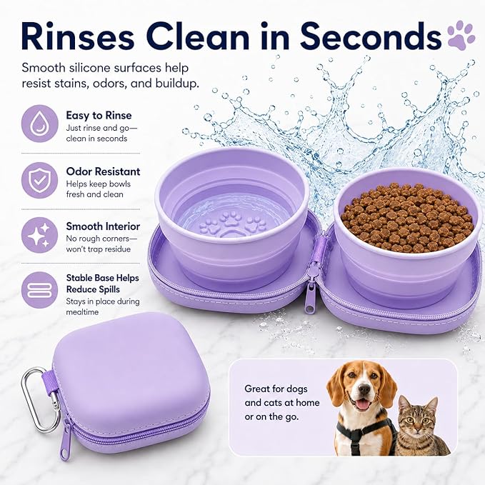 Portable Dog Bowl, Collapsible 2-in-1 Travel Dog Bowls with Carabiner Clip, Silicone Double Pet Food and Water Dish for Outdoor Camping and Hiking (Purple)