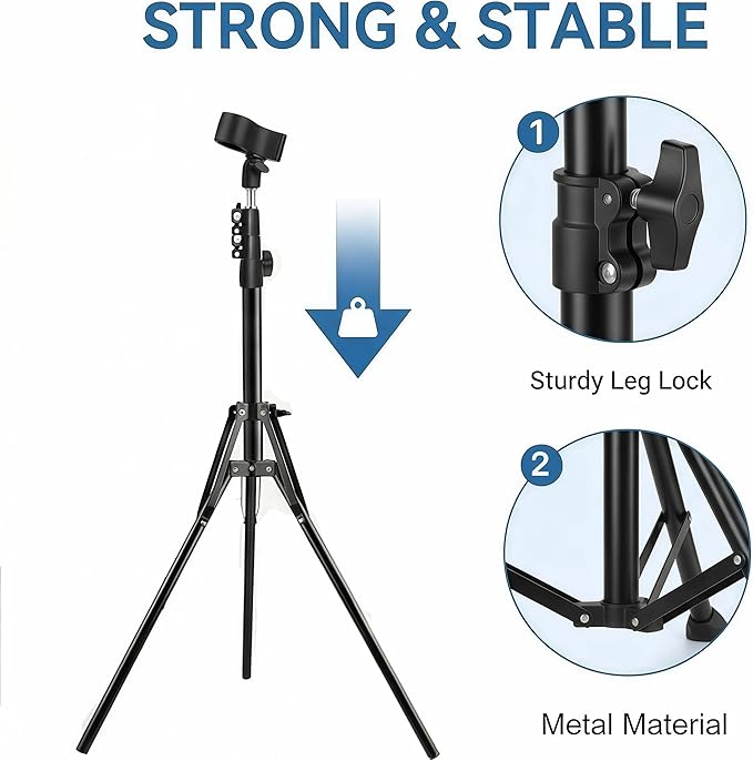 Hair Dryer Stand, Hair Dryer Holder with Tripod, Hands-free, Adjustable Height 30.3‑64.4in, Stable, Universal Metal Clip Fits 99% of Blow Dryers, Foldable & Portable for Home, Salon, or Travel