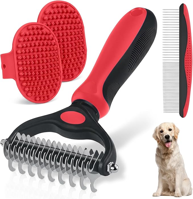 Double-Sided Pet Grooming Rake - 4-in-1 Professional Pet Grooming Kit Deshedding Dematting Tool for Dogs Cats Extra-Wide Grooming Brush & Deshedder Comb for Long & Short Haired Pets (Red Kit 4PCS)