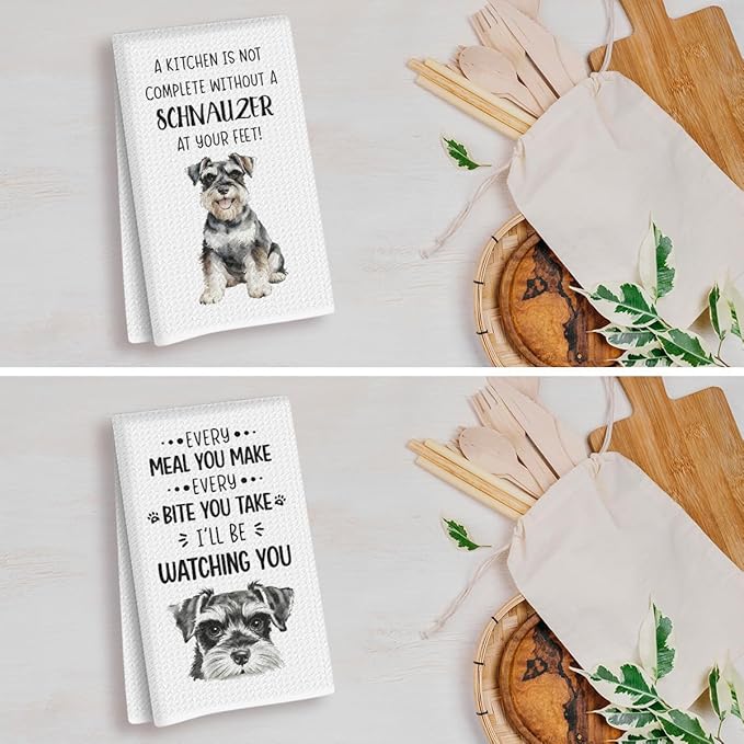 2Pcs Schnauzer Kitchen Towels 24x14 Inch, Schnauzer Gifts for Woman Mom, Reusable Waffle Weave Microfiber Absorbent Hand Tea Dish Towels for Kitchen Bathroom Decor, Dog Lovers Gifts for Women Friend