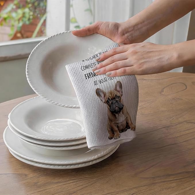 2Pcs French Bulldog Kitchen Towels 24x14 Inch, French Bulldog Gifts for Woman Mom, Reusable Waffle Weave Microfiber Absorbent Hand Tea Dish Towels for Kitchen Bathroom Decor, Dog Lovers Gifts