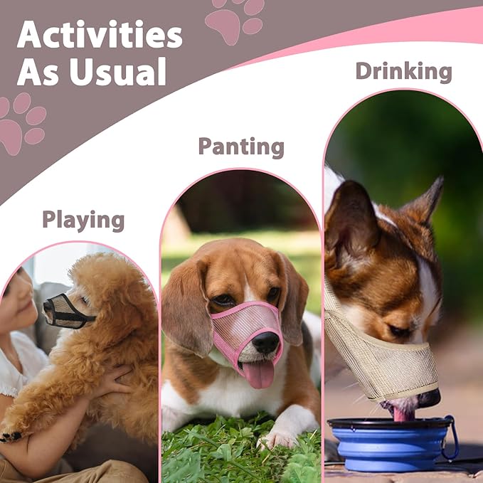 LUCKYPAW Dog Muzzle Suits for Small Medium Large Dogs, Mesh Muzzle Anti Biting Chewing, Breathable Mouth Cover Set with Adjustable Strap for Grooming Vet Visiting Training (Small 3 PCS(XXS-S), Pink)