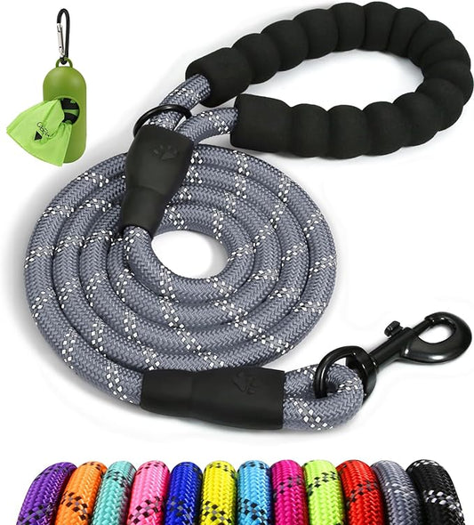 Taglory Rope Dog Leash 5 FT with Comfortable Padded Handle, Highly Reflective Threads Leash and Anti-Tangle Clip for Walking Medium Large Dogs, 1/2 inch, Grey