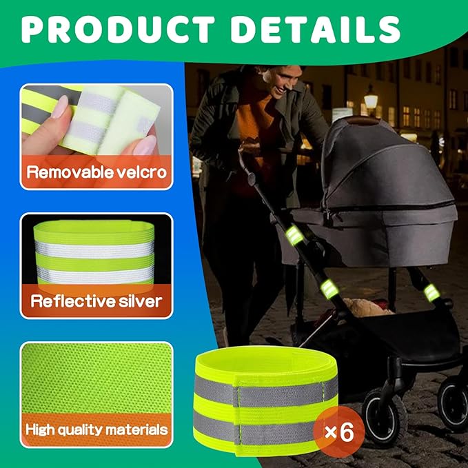 6-Pack of Reflective Bands for Strollers, High Visibility Elastic Reflectors with Velcro Fastening for Walking at Night, Durable Baby Stroller Lights and Reflective Gear for Kids