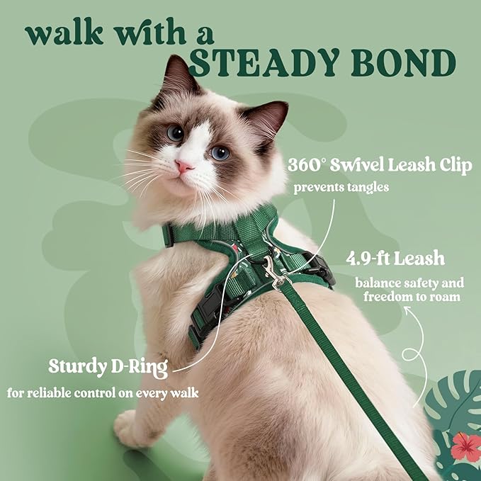 rabbitgoo Cat Harness and Leash Set, Escape Proof Kitten Harness for Safe Outdoor Walks, Soft Breathable Adjustable Vest with Reflective Strips for Kittens and Extra Small Cats, Rainforest Green, XXS