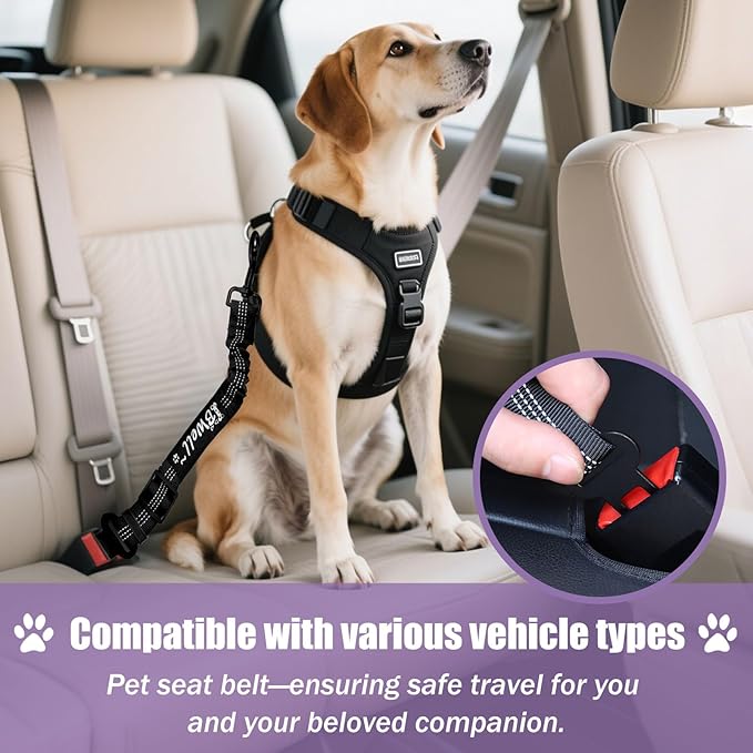 IBWell Dog Seat Belt,3 Piece Set Retractable Dog Car Harness Adjustable Dog Seat Belt for Vehicle Nylon Pet Safety Seat Belts Heavy Duty & Elastic (Black & Purple)