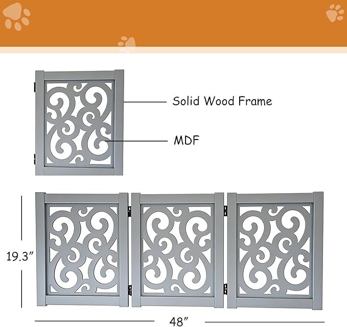 Ashfield & Harkness: 3-Panel Pet Gate - Scroll Grey - Wooden Foldable Freestanding Fence, Small Dogs & Puppy, 48 x 19.3, Indoor-Doorway-Halls-Stairs