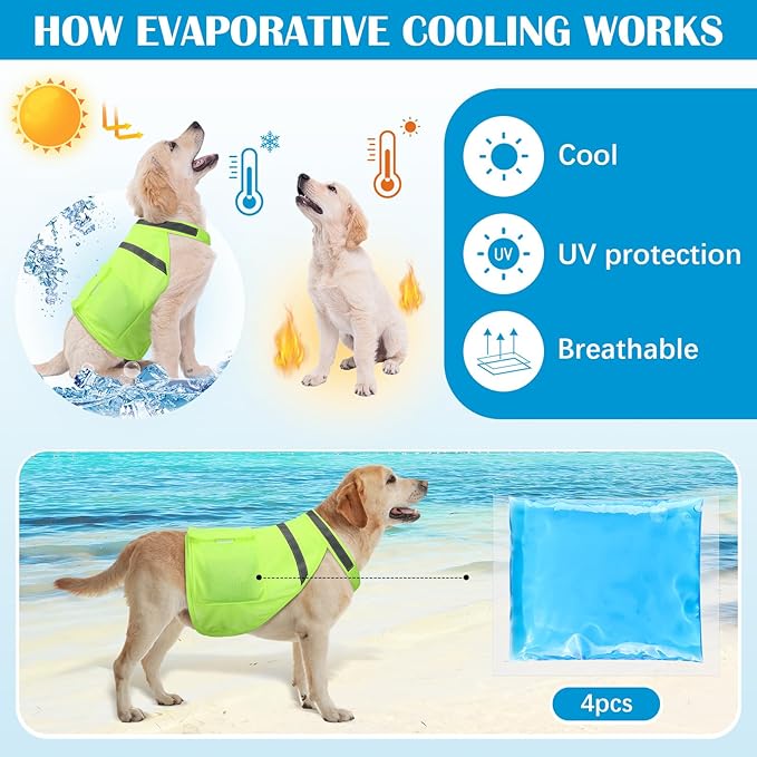 Aliceset 2 Pcs Dog Cooling Vest with 4 Recyclable Ice Pack Summer Outdoor Dog Cooling Harness Shirt Adjustable Pet Cooler(Fluorescent Green,Extra Large)