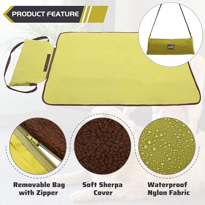 ROZKITCH Outdoor Pet Dog Mat Pad 39"x28" Portable Reversible Waterproof Sleeping Mat Reusable Machine Washable Easy to Clean&Carry Camping Travel Pet Mat with Sherpa for Small Medium Large Dogs Green
