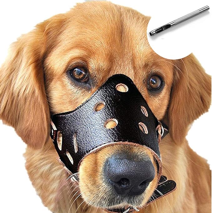BARKLESS Dog Muzzle Leather, Soft Secure Anti-Barking Leather Muzzle for Medium Sized Dogs to Prevent Biting, Breathable and Adjustable, Allows Drinking and Panting, Used with Collars