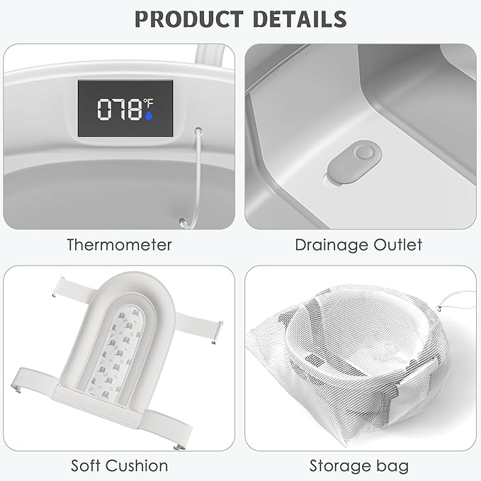 Himold Collapsible Baby Bathtub for Newborn to Toddler 0-36 Months, Spacious Foldable Infant Bath Tub with Thermometer, Cushion & Drain Hole, Portable Travel Tub Grey