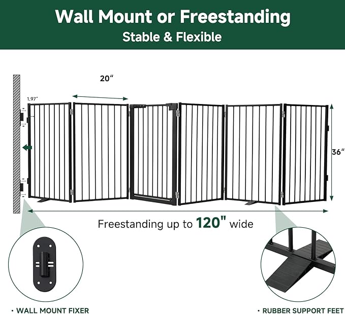 Snagle Paw Metal Freestanding Dog Gate with Door,120” W x 36” H Dog Fence with Support Feet for Doorways, Stairs and Hallways, Portable Pet Gate for Indoor Use (6 Panel, Black)