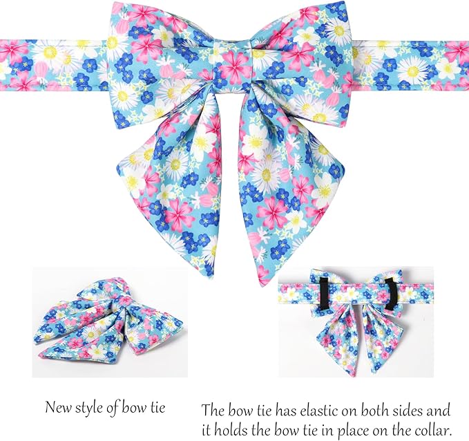 Lionet Paws Floral Dog Collar with Sailor Bow, Spring Wildflowers Daisy Forget Me Not Dog Collar Bow Tie for Dogs, Medium, Neck 13.5-22 inches