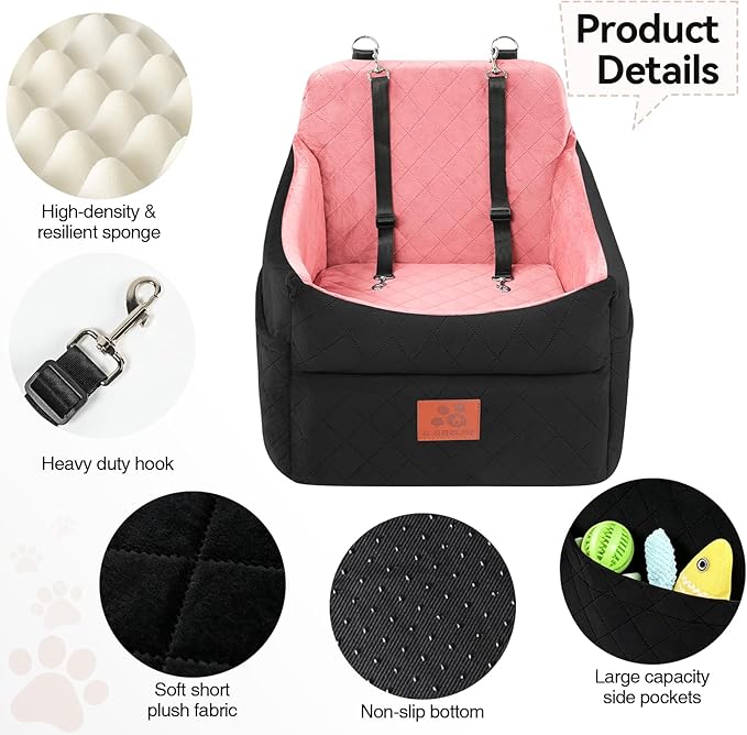 GL GLENSLAVE Dog Car Seat for Small/Medium Dogs, Dog Booster Car Seats with Thick Cushion for Dogs Under 35 lbs, Detachable Washable Pet Carseat with Storage Pockets, 2 Safety Belts(Black/Pink)