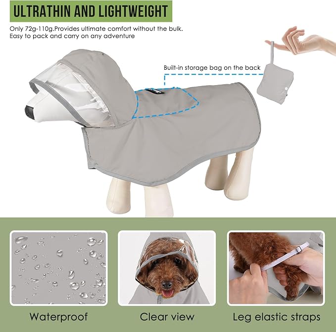 Lukovee Dog Raincoat - Lightweight Hooded Dog Rain Coat for Large Medium Small Dogs, Adjustable Poncho Jacket with Reflective Stripes & Built-in Storage Pocket (Gray, Small)