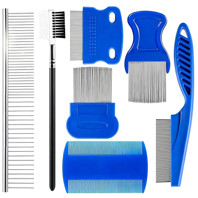 7 Pack Pet Grooming Comb Set, Stainless Steel & Plastic Dog Cat Combs, Rounded Teeth Detangling Comb, Tear Stain Cleaning Comb, Eye Hair Comb for Small Medium Large Puppy Kitten