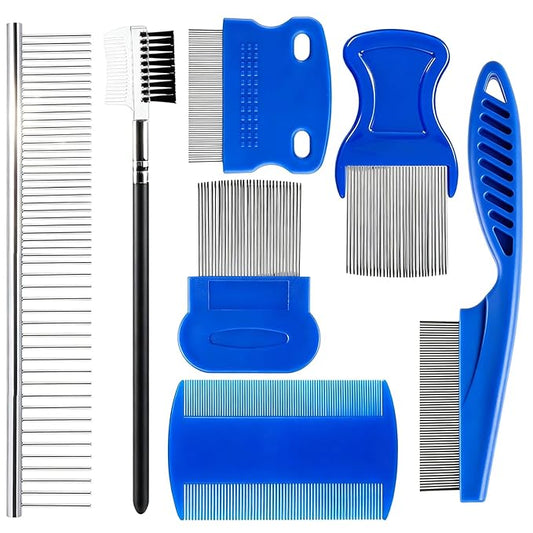7 Pack Pet Grooming Comb Set, Stainless Steel & Plastic Dog Cat Combs, Rounded Teeth Detangling Comb, Tear Stain Cleaning Comb, Eye Hair Comb for Small Medium Large Puppy Kitten