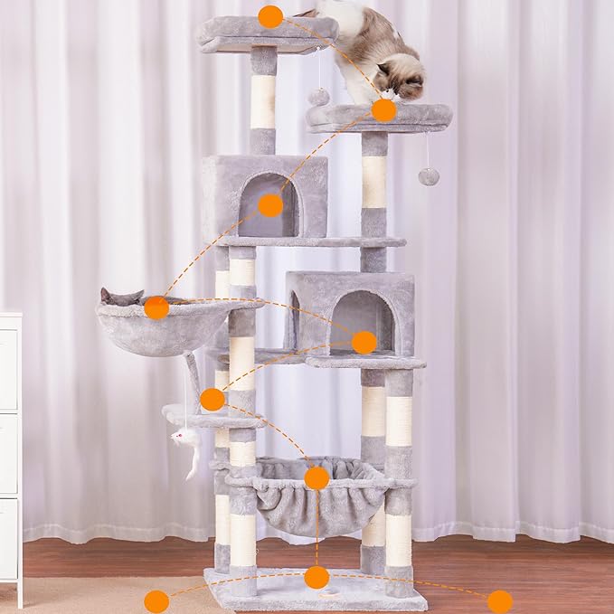 Heybly Cat Tree, 70 inches Tall Cat Tower condo with Toy for Indoor Large Cats, Cat House Furniture with Padded Plush Perch, Cozy Hammock and Sisal Scratching Posts,Light Gray HCT032W