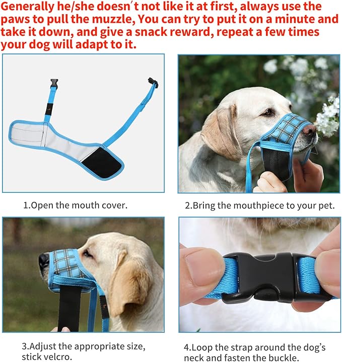 HEELE Dog Muzzle,Soft Nylon Muzzle Anti Biting Barking Chewing,Air Mesh Breathable Drinkable Adjustable Loop Pets Muzzle for Small Medium Large Dogs 4 Colors 4 Sizes (P-Blue Plaid, XL)