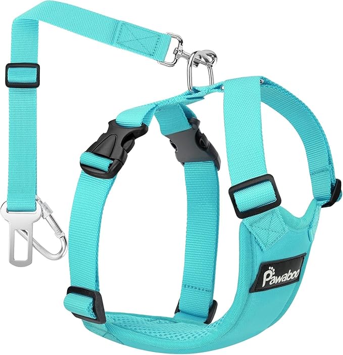 Pawaboo Breathable Dog Seat Belt Harness for Car, Adjustable Dog Safety Vest Harness with Vehicle Connector Strap, M, Full Blue