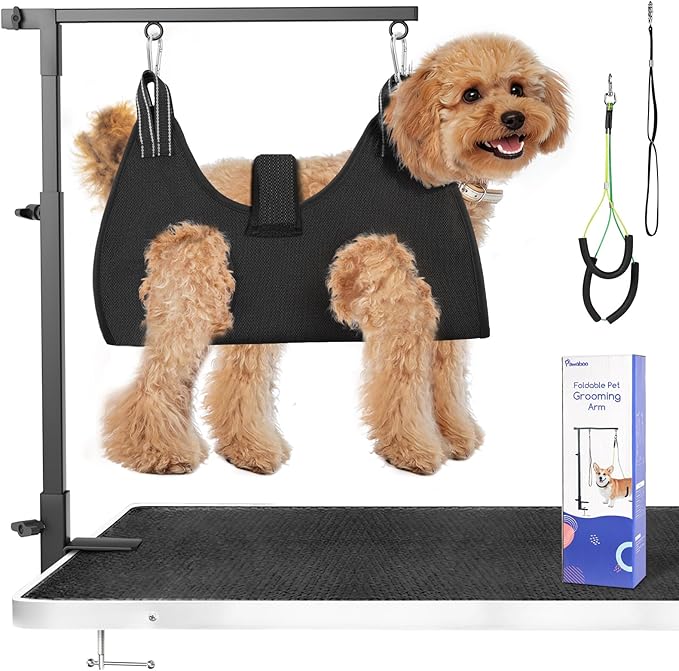 Pawaboo Dog Grooming Table Arm with Grooming Hammock, 35" Dog-Grooming-Arm Dog Grooming Stand and Free Two No Sit Haunch Holder with Grooming Loop, Foldable Dog Grooming Arm for Small Medium Pet