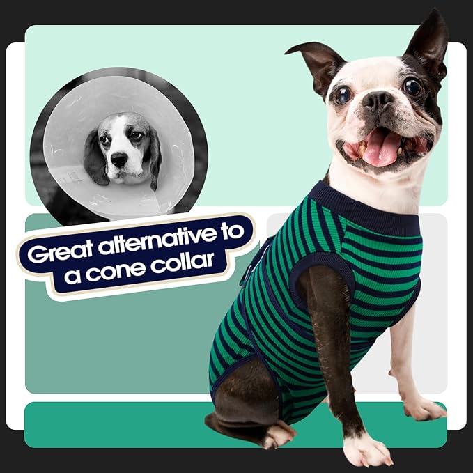 FUAMEY Recovery Suit for Dogs After Surgery,Soft Breathable Dog Bodysuit E-Collar & Cone Alternative Surgical Suit,Male Female Dog Neuter Spay Suits Anti Licking Wounds Onesie Green Black Stripes XS