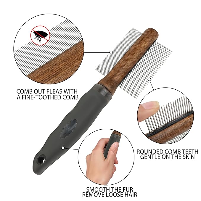 HOP 2-in-1 Dog Dematting&Deshedding Comb with Wooden Handle Double-Sided Fine&Wide Tooth Dematting Comb Pet Flea Comb for Dogs and Cats Gentle Remove Loose Hair Tangles Dirt Fleas