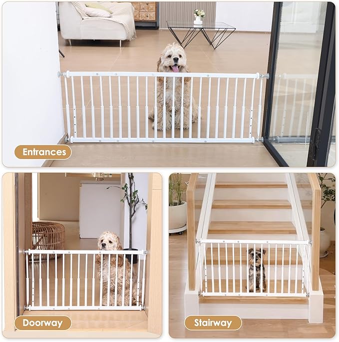 14''-19.5'' Height Adjustable Dog Gate, Extra Wide 18.1"-53" All Metal Short Dog Gate to Step Over, Pressure Mount Small Pet Puppy Gate for Stairs & Doorways(White)