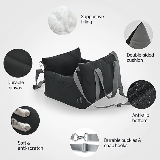 Amazon Basics Dog Car Seat, Pet Booster for Small-Medium Dogs with Leash & Washable Cover, Black