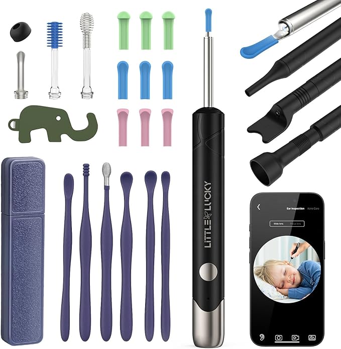 Ear Wax Removal,Littlelucky- 4 in 1 Ear Canal Cleaner 1080P HD Lens with 6 LED Lights for Ear/Nose/Throat/Skin Viewing,Ear Cleaning Kit with 6 Piece Ear Set & 9 Replacement Tips for iOS & Android