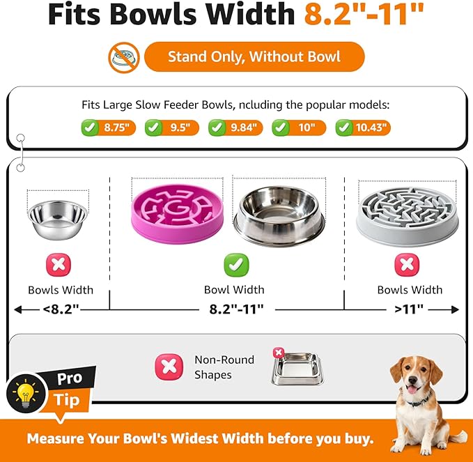 LOOBANI Double Dog Bowl Stand: 2-in-1 Elevated Food Water Bowl, Adjustable Width Fits Bowls 5.9"-8.7" (Stand Only), Anti-Slip Raised Bowl for Medium Adult, Senior, Arthritis Dogs, Black, Large