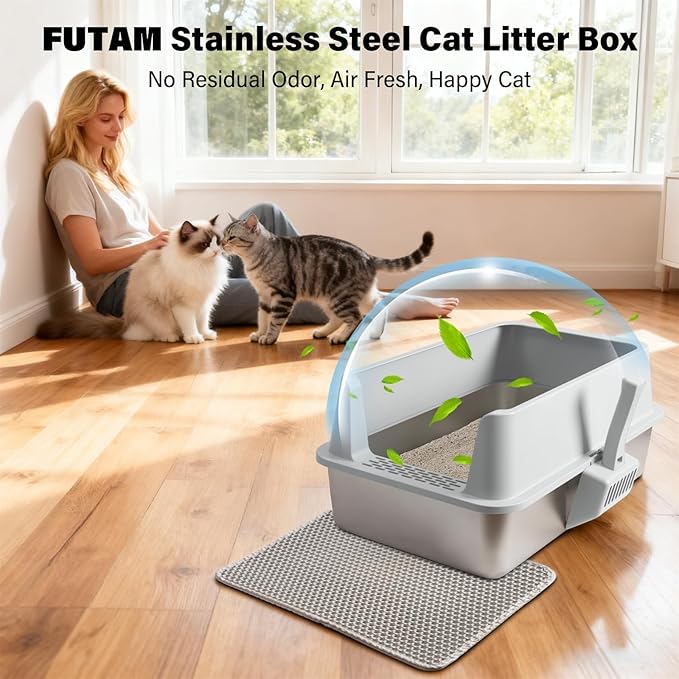 2PACK Stainless Steel Litter Box, Large Metal Cat Litter Box with High Sides Lid, Anti-Urine Leakage, Non-Sticky, Scoop and Mat Included