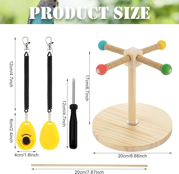 3 Pcs Bird Training Stand Kit, Parrot Training Clicker Portable Tabletop Bird Perch and Target Stick, Wooden Spin Perch Clickers with Wrist Strap for Parakeet Conure Lovebird Cockatiel (Spin)