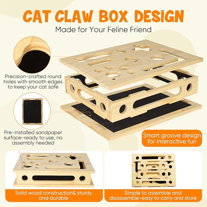 SENNOVI Extra Large Cat Toys for Indoor Cats, Wooden Puzzle Feeder & Scratcher Box, Interactive Enrichment Activity Center with Sandpaper Nail Trimmer, Boredom Buster for Multi Cat Households