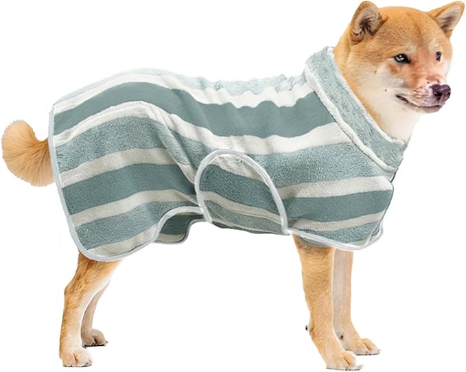Fast Drying Dog Bath Robe, Super Absorbent Stripes Dogs Towel, Adjustable Warm Keeping Pet Puppy Bath Supplies (Green, S)