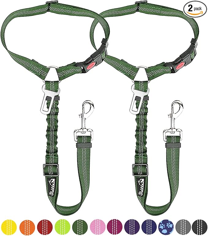SlowTon Dog Seat Belt for Car, 2 Pack Dog Car Harness Seatbelt Adjustable with Elastic Bungee Buffer, 2 in 1 Pet Car Leash Headrest Restraint Dog Reflective Safety Tether (Green, Headrest+Clip)
