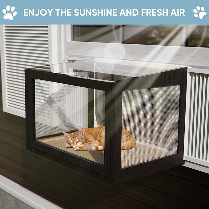 FunXplore Cat Window Box Weatherproof Catio Outdoor Cat Enclosure Perch with Bug-Proof Wire Grid Fits Double Hung Frames 25.4" to 43.3" Wide Sunbathing Napping Overlooking