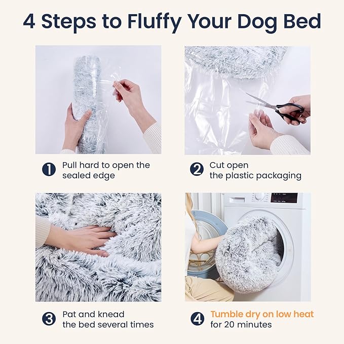JOLLYVOGUE Calming Dog Beds Extra Large Sized Dog, 45in Donut Washable Large Pet Bed, Anti-Slip & Anti-Anxiety Fluffy Faux Fur Round Dogs Bed, Fits up to 125 lbs Pets (Smoke Grey)