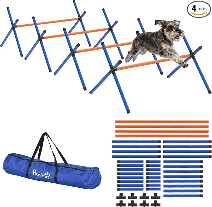 PawHut 4 Pieces Dog Agility Training Equipment, Dog Agility Course Backyard Set with Adjustable Height and Carry Bag, Indoor Outdoor Jumping Hurdles for Training, Orange