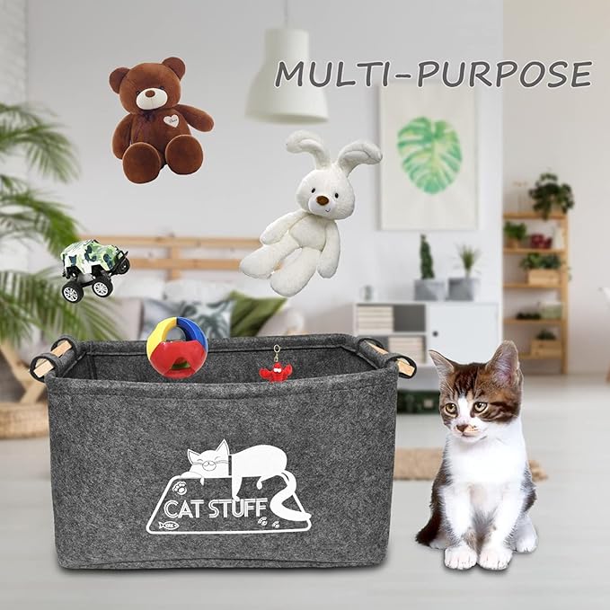 Vumdua Cat Toy Box, Cat Toy Storage Basket with Handles, Felt Pet Toy Basket Pet Supplies Storage Bin, Perfect for Organizing Cat Toys and Accessories