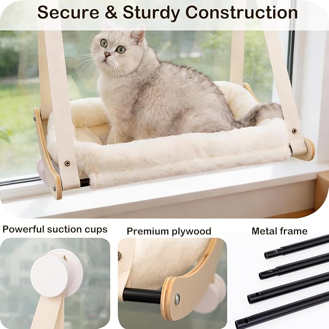 Cat Window Perch, Cat Hammock for Window with 4 Strong Suction Cups - Easy Assembly, Solid Wood Frame with Large Cats Bed - Supports Up to 40lbs for Indoor Cats Beige