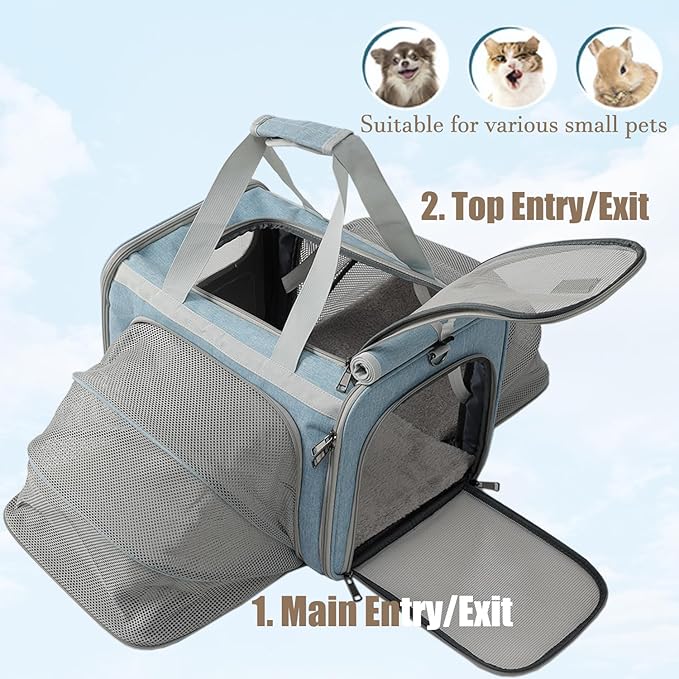 Cats Carrier for Small Dogs Puppy Cat Bag Expandable,Airline Approved,2 Sides Expand,Rabbit Bunny Pets Carriers Small Animals Travel Outdoor Carry Kennel (Blue)