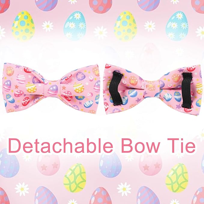 Easter Day Dog Collar with Bow, UP URARA PUP Easter Eggs Adjustable Pet Collar Bowtie with Metal Buckle, Colorful Eggs Cotton Dog Collars for Small Medium Large Dogs, S