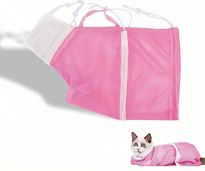 Cat Grooming Restraint Bag with Adjustable Drawstrings, Pink Mesh Bath Bag for Bathing, Nail Trimming, Ear Cleaning, Breathable Polyester with Zipper Design and Handheld Design (Pink)