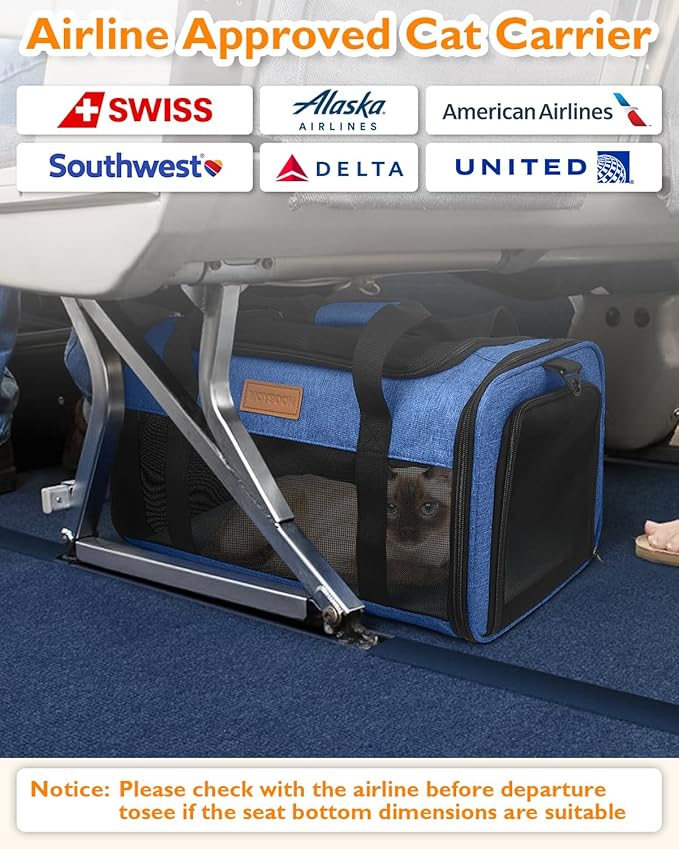 PETUX Airline Approved Pet Carrier - 17x11x9.5 in, Underseat, Top & Side Entry, Soft Sided Cat Carrier for Small Cat Up to 12 lbs with Breathable Anti-Scratch Mesh for Travel & Vet - Blue