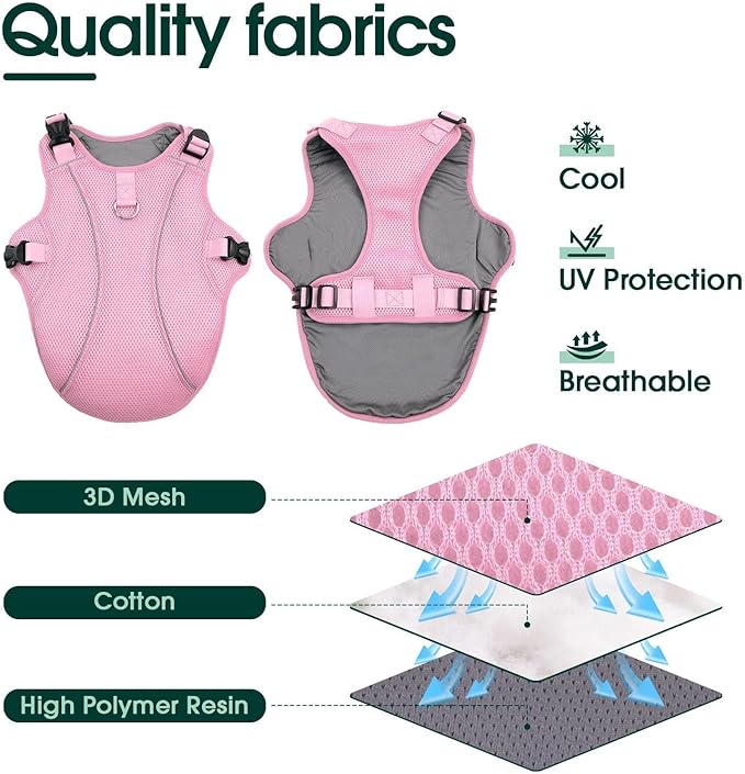 Kuoser Dog Cooling Vest for Large Dogs, Lightweight Doggie Cooler Jacket Breathable Mesh Pet Cooling Shirts Reflective Puppy Cool Harness for Beach, Hiking, Walking Pink XXL