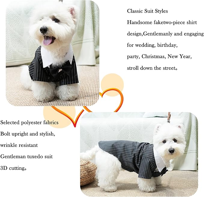 Dog Tuxedo Wedding Suit Shirt with Bow Tie, Formal Outfit Tux Attire for Puppy Small Medium Dogs Cats Costume (Pinstripe Gray, Small)