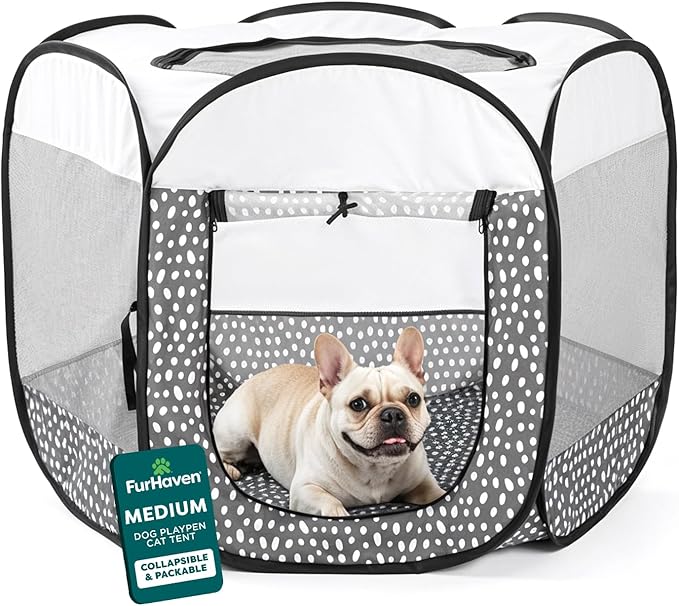 FurHaven Soft-Sided Dog & Cat Playpen, Portable Foldable Indoor & Outdoor Pet Playpen with Mesh Windows & Zippered Door, Gray Pebbles, Medium